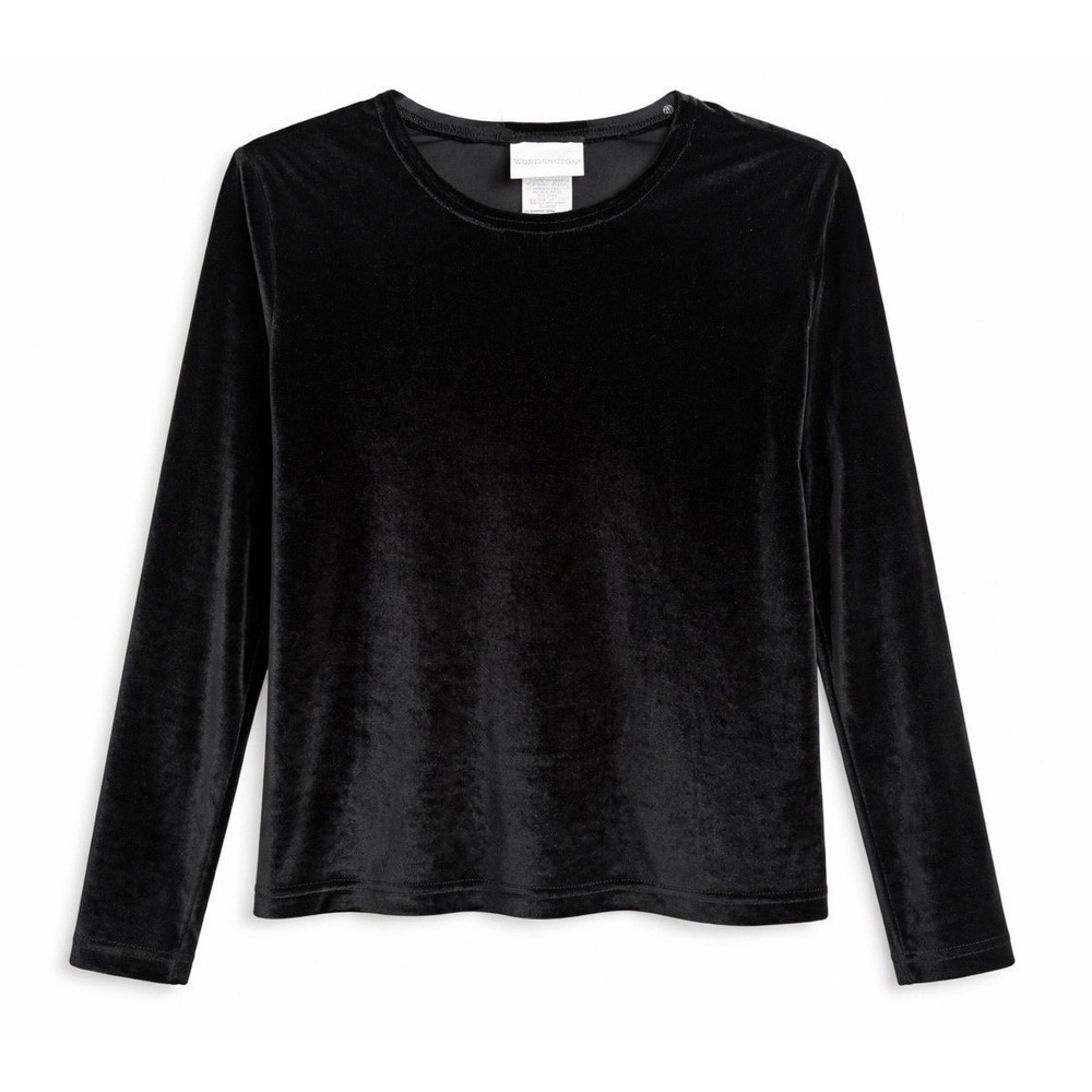 Worthington‎ Black Velvet Long Sleeve Top Crew Neck Blouse Made in USA Women